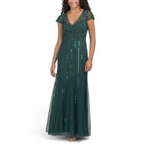 ADRIANNA PAPELL Green Short Sleeve Beaded Gown